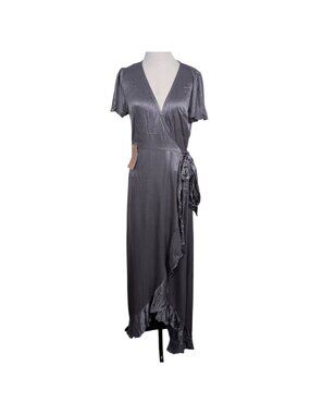 Ghost London Phoebe Satin Maxi Wrap Dress Womens Size Small Gray Ruffled V Neck